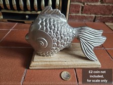 Silver Metal Fish Sculpture on Wooden Base – Nautical Decorative Accent