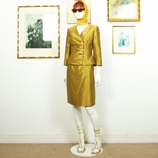 Vintage 1990s Gold Suit Mini Pencil Skirt Short Blazer With Embellished Buttons 