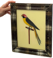 INDIAN GLASS PAINTING PARROT ON PERCH REVERSE GLASS ART DECO PERIOD FRAME
