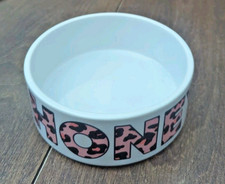 6" Stoneware Dog Water Food Bowl White , Pink Animal Print Lettering "HONEY"