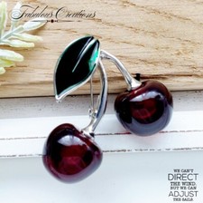 Dark Red 3D Cherry Fruit Brooch Vintage Art Deco Look Statement Jewellery Gift