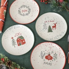 Set Of 4 Speckle Stoneware Christmas Dinner Plates Round Xmas Kitchen Tableware