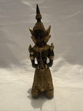 Bronze Thai Buddha Figure Angel Statue Kneeling Gold And Green 7" Tall