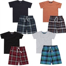 Boys Short Pyjamas Kids Checked Pajama Top Woven Shorts PJ Set
