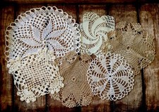 6 x vintage hand crocheted/ knitted  silky cotton delicate doilies, vgc