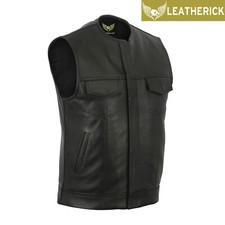 Men’s Sons of Anarchy Black Collarless Vest Motorcycle Leather Cut Off Waistcoat