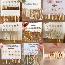 UK Women Fashion Jewelry Pearl Rhinestone Gold Hoop Earrings Earstud Set Party