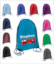 Personalised Name & Age Fire Engine Drawstring Gymsac Bag School Kit Sports Kids