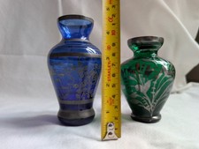 2 VENETIAN MURANO BLUE/GREEN ART GLASS VASE  WITH SILVER-PLATED FLOWER & PATTERN