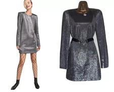 HM Dress 10-12 Silver long sleeve shoulder pad 90s Retro Evening Xmas Party