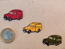 Three Morris Minor 1000 Van Pin Badges in Red, Yellow And Green. 