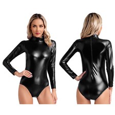 UK Women Shiny Metallic Long Sleeve Leotards Dance Gymnastics Bodysuit Clubwear