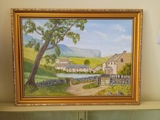 G Reid Vintage 1980s Framed Oil Yorkshire Dales, Farm, Mountains Signed Retro 