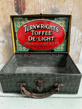 VINTAGE TURNWRIGHT'S TOFFEE SWEETS ADVERTISING SUITCASE TIN LEATHER HANDLE