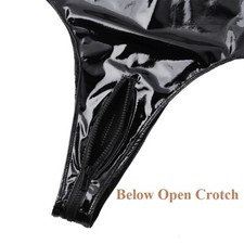 Zipper Open Crotch, Suspenders, Leather Tank Top PVC Glossy Bodysuit - Sexy