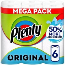 PLENTY Kitchen Towel, 6 White Rolls, 600 Sheets of Kitchen Roll, 2-Ply Tissue