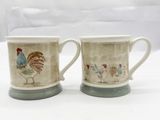PAIR FARMHOUSE ROOSTER STONEWARE MUGS COUNTRY KITCHEN CHICKEN COFFEE CUPS