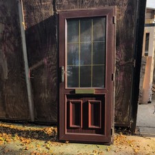 DOUBLE GLAZED DOOR MAHOGANY uPVC  900 X 2100 incL cil COLOURED OBSCURE.  GLASS