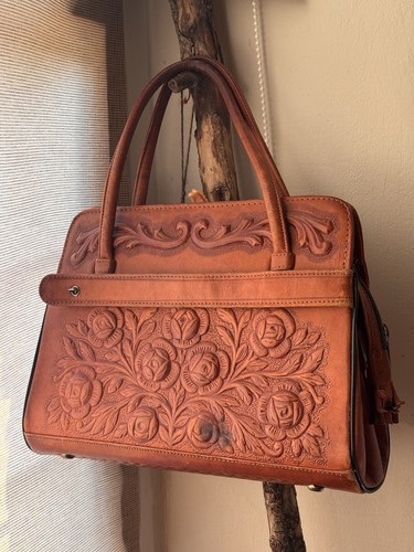Vintage 70s leather bag - leather, tooled