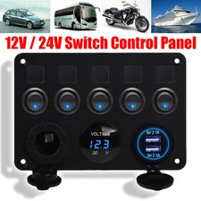 5 Gang LED Light Switch Control Panel Camper Van RV Voltmeter 12/24V USB Charger