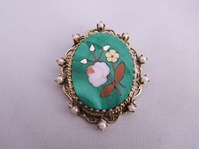 ANTIQUE 14K GOLD MALACHITE STONE PETRA DURA MICRO MOSAIC FLOWER PEARL PIN BROOCH
