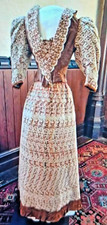 Antique 1890s brown silk cream lace over lay bustle dress museum quality Small