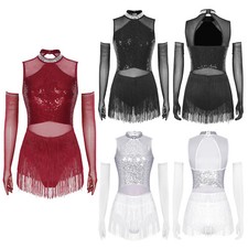 UK Latin Dance Costume for Women  Mock Neck Shiny Leotard with 1 Pair Gloves