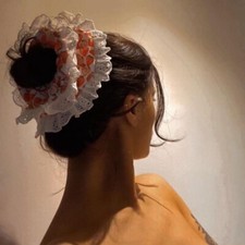 Handmade Double Layered Lace Trim Scrunchie In Strawberry Pattern