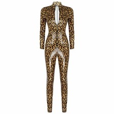 Women 2 Zipper Shiny Jumpsuit PVC Leather Long Sleeve Bodysuit Leopard Catsuit 1