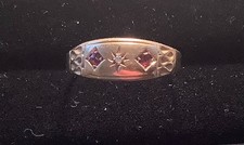 Victorian 1897 18ct Gold Diamond & Two Ruby Gypsy Boat Ring. Size L.