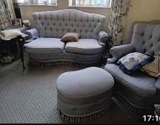 Ottoman Set Suite fringe Trim Pale Blue 6 Pieces & 2 Free Matching Side Tables