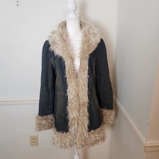 Vtg Y2K Charlotte Russe Penny Lane Coat Large Juniors Worn Denim Jacket Faux Fur