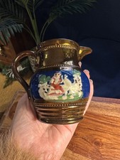 Antique Copper Lustre Milk Jug Shepherd Scene c1850s Victorian Pottery 9cm