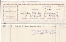 Saw Mills Moffat Taylor & Smith 1930 3xSheets Corrugated Iron Paid Invoice 41231
