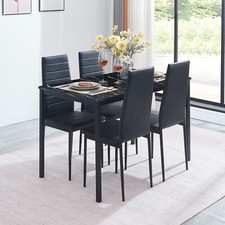 4x Black Faux Leather Dining Chairs&Black Marble MDF Top Dining Table Dining Set