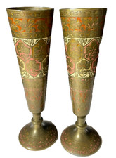 Brass vases with etched pattern Set of 2 Decorative Vintage Footed