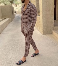 Size L Novu Collection Men’s Black Rust Diamond Print Shirt Slim Fit Trouser Set