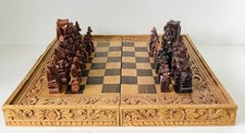 Hand Carved Vintage Indonesian Style Wooden Chess Set in Folding Board Case