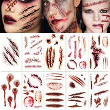 Temporary Halloween Tattoos Scars Wounds Cuts Horror Blood,12 sheets 60 Designs