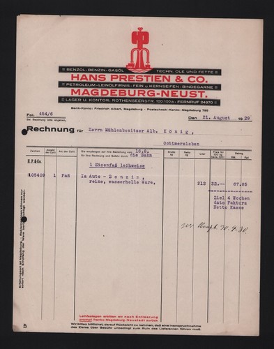 Magdeburg invoice 1929 hans - magdeburg,,