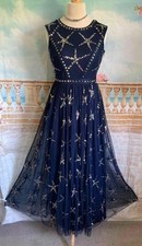 Evening Dress 12 14 Navy Blue Silver Beaded Sequin Ballgown Deco Gatsby Maxi