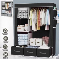 Large Fabric Canvas Wardrobe with Clothes Hanging Rail Shelving Storage Closet