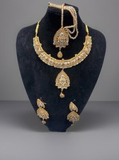 Asian Indian Pakistani Jewellery Stones Gold Necklace Set Earrings Tika Bridal