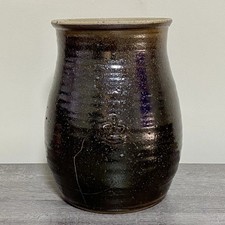Vintage Large Round Stone Stoneware Pottery Pot Crown Symbol Brown No Lid Rare