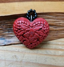 Vintage Small Red Carved Cinnabar Heart Shaped Pendant, Floral Design 1 x 1 inch