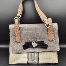 Y2K GUESS Satchel Bag Faux Croc Color Block Taupe Beige Black w/ Bow Charm