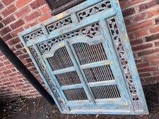 Large Hand Carved Indian Wooden Window Frame Turquoise Rajasthan Boho Wall Art