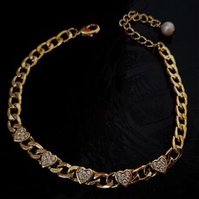 Ladies Gold 5mm Adjustable Curb Bracelet Anklet Cubic Zirconia Heart Charm
