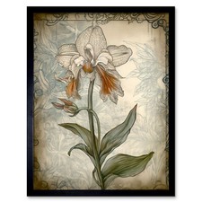 Single Orchid Flower Pastel Colour Art Nouveau Framed Wall Art Print 12x16