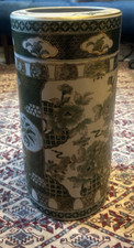 Vintage Style Green & Cream Chinoiserie Porcelain Umbrella Stand / Cane Holder